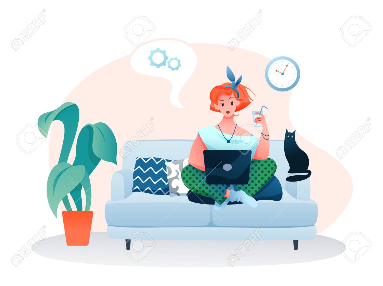 Freelance home work flat vector illustration. Cartoon young woman freelancer character working online with laptop, sitting on sofa in cozy home room apartment interior isolated on white - 153327127 Freelance home work flat vector illustration. Cartoon young woman freelancer character working online with laptop, sitting on sofa in cozy home room apartment interior isolated on white - 153327127