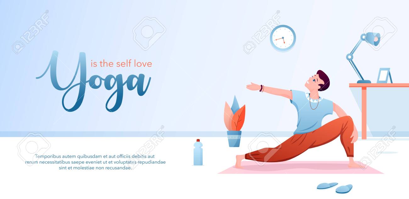 Yoga is self love concept flat vector illustration. Landing page design template with cartoon happy man character doing yogi asana for body stretching, healthy yoga pose for mental and physical health - 153059898 Yoga is self love concept flat vector illustration. Landing page design template with cartoon happy man character doing yogi asana for body stretching, healthy yoga pose for mental and physical health - 153059898