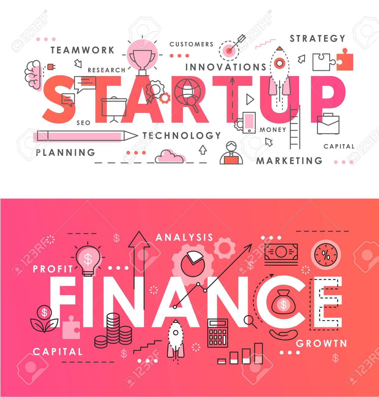 Financial startup word abstract thin line vector illustration set. Flat lineart web banners with starting business project, new idea conceptual symbols, analysis and market research of finance process - 153060551 Financial startup word abstract thin line vector illustration set. Flat lineart web banners with starting business project, new idea conceptual symbols, analysis and market research of finance process - 153060551