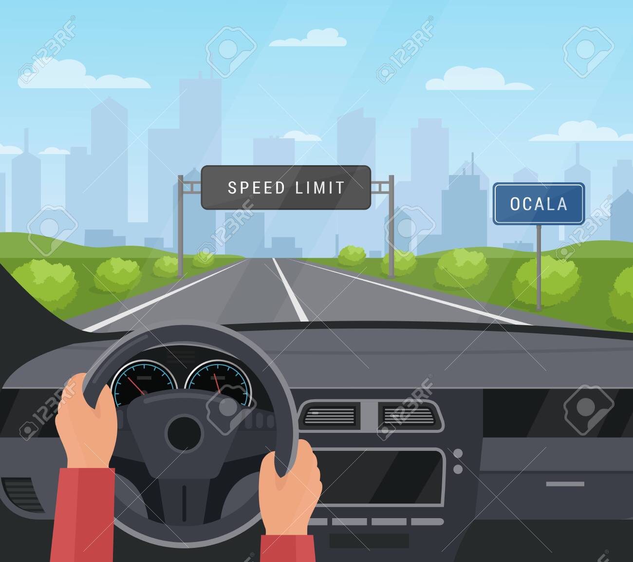 Driving car safety concept vector illustration. Cartoon flat human driver hands drive automobile on asphalt road with speed limit, safe sign on highway. Dashboard inside car interior view background - 153060137 Driving car safety concept vector illustration. Cartoon flat human driver hands drive automobile on asphalt road with speed limit, safe sign on highway. Dashboard inside car interior view background - 153060137