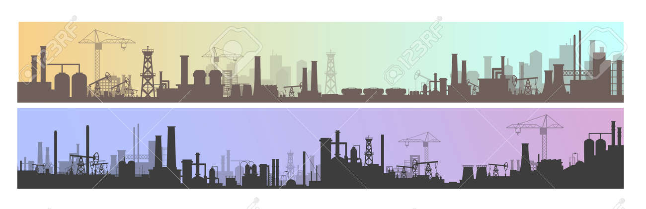 Industry, factory and manufacture landscape vector illustrations. Cartoon flat industrial panoramic area with manufacturing plants, power stations, warehouses, cooling tower silhouettes background - 156310103 Industry, factory and manufacture landscape vector illustrations. Cartoon flat industrial panoramic area with manufacturing plants, power stations, warehouses, cooling tower silhouettes background - 156310103
