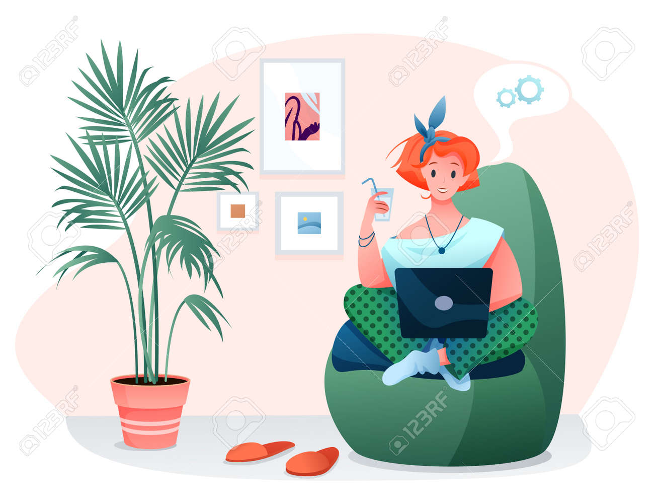 Freelance home work flat vector illustration. Cartoon woman freelancer character works online with laptop, sitting in comfortable armchair of home room interior isolated on white - 156310109 Freelance home work flat vector illustration. Cartoon woman freelancer character works online with laptop, sitting in comfortable armchair of home room interior isolated on white - 156310109