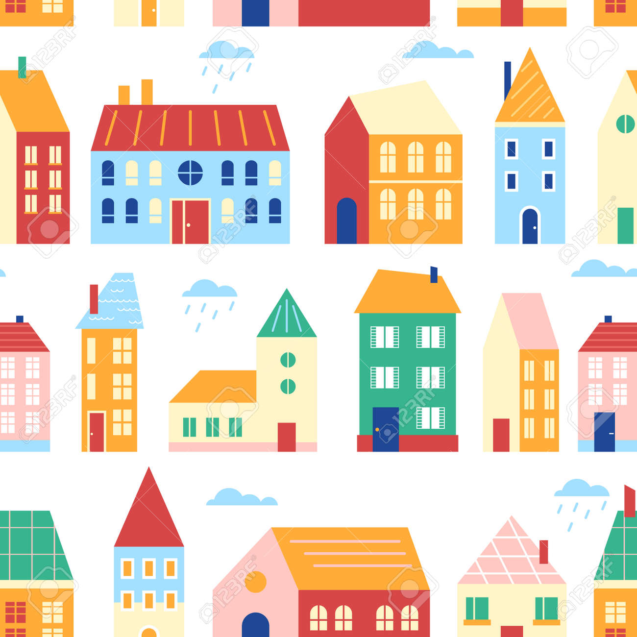 Houses seamless pattern vector illustration, cartoon flat cute urban cityscape with colorful buildings, retro traditional townhouses in row - 158483394 Houses seamless pattern vector illustration, cartoon flat cute urban cityscape with colorful buildings, retro traditional townhouses in row - 158483394