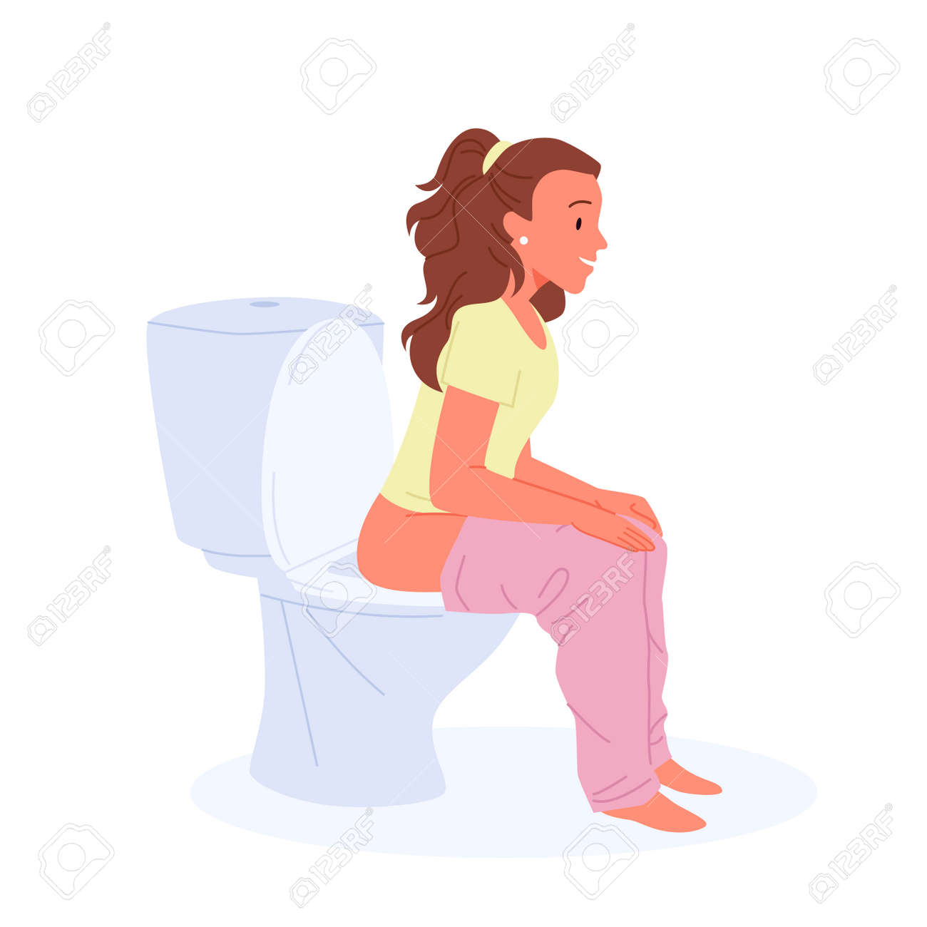 黒人　女性　放尿 正しい位置ベクトルイラストでトイレに座っている女の子。おしっこやうんち、白で隔離の笑顔の女性キャラクターを漫画の女性。衛生、日常生活、トイレのコンセプトにおけるプライバシーのイラスト素材・ベクター  Image 179566822