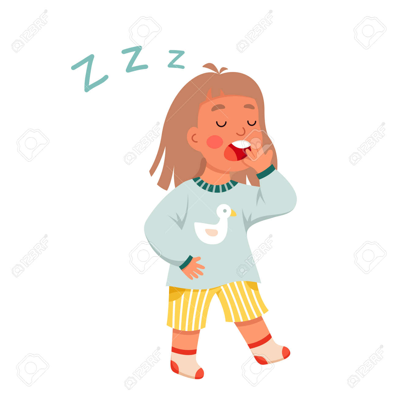 Sleepy Girl Sleepwalking At Night Vector Illustration. Cartoon Isolated  Tired Kid Walking With Yawn To Home Bedroom To Sleep, Lazy Kid With  Exhausted Cute Face, Closed Eyes And Open Mouth Yawning Royalty, image size:1300x1300