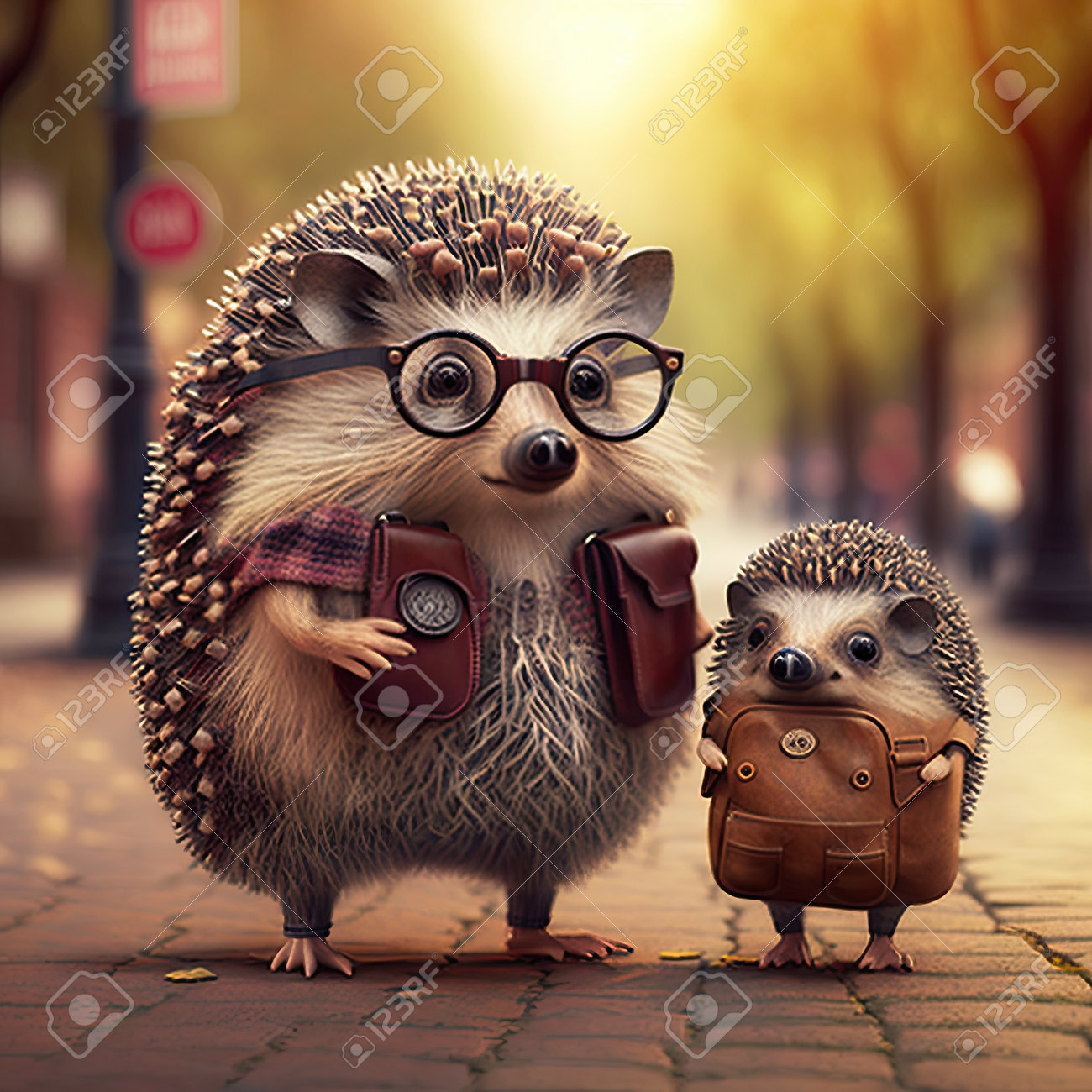 メガネと息子を持つかわいいお母さんハリネズミ。の写真素材