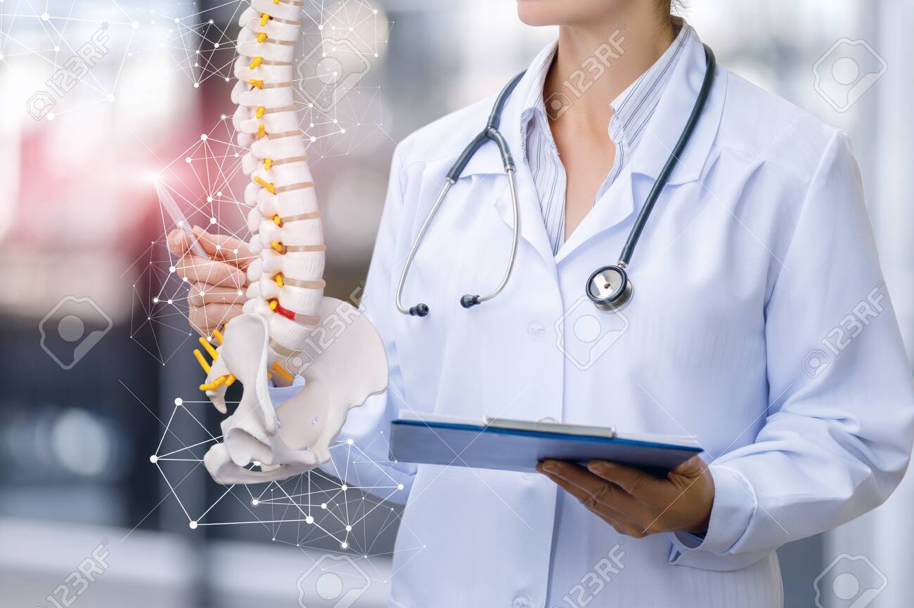 A medical worker shows the spine on blurred background. - 124389556 A medical worker shows the spine on blurred background. - 124389556