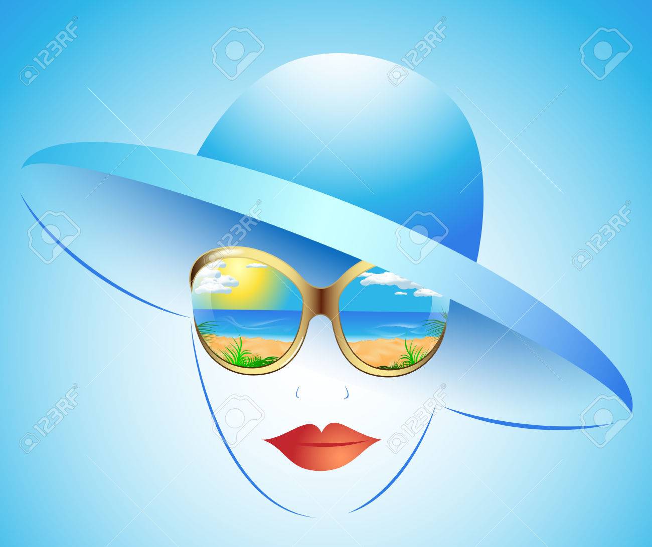 帽子とサングラス反射夏の海の風景との女の子のイラスト素材 ベクタ Image 帽子とサングラス反射夏の海の風景との女の子のイラスト素材 ベクタ Image