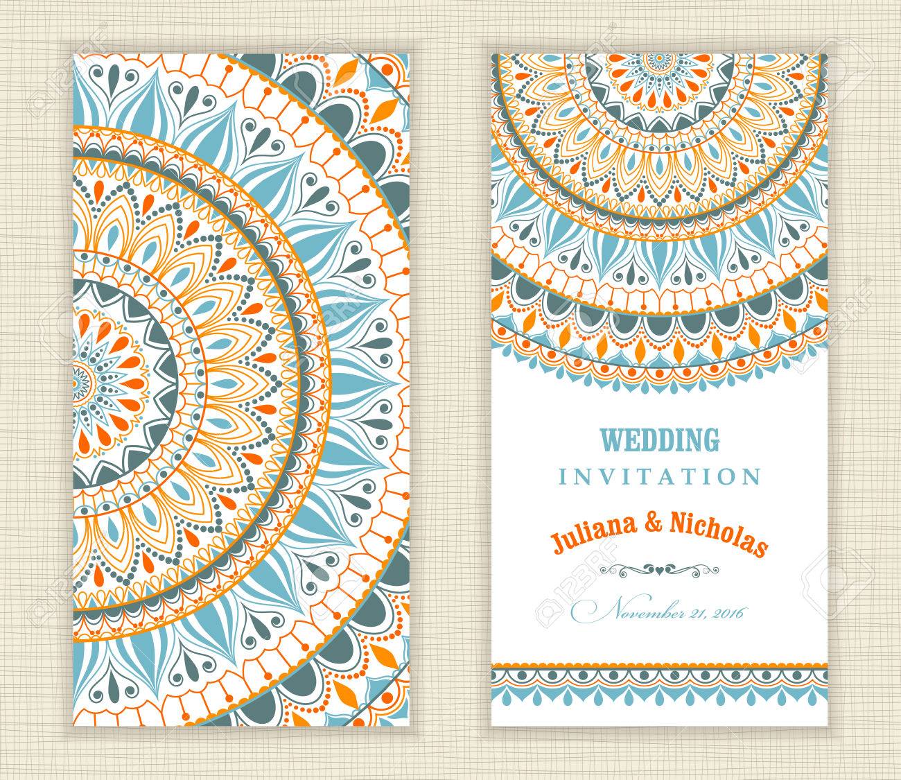 Download Set Of Vintage Wedding Invitation Card With Mandala Pattern And In Green Blue And Red Color Royalty Free Cliparts Vectors And Stock Illustration Image 71061036