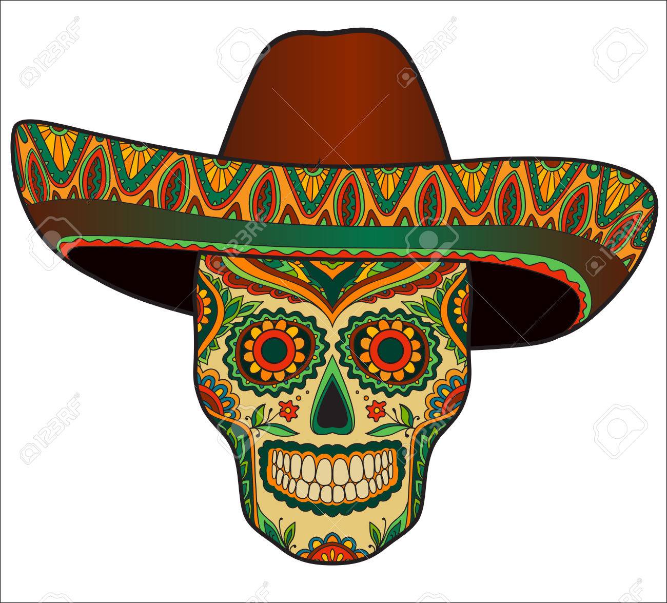ソンブレロと伝統的なメキシコ スカル メキシカン ハットでベクトルの頭蓋骨 メキシコの飾りのイラスト素材 ベクタ Image
