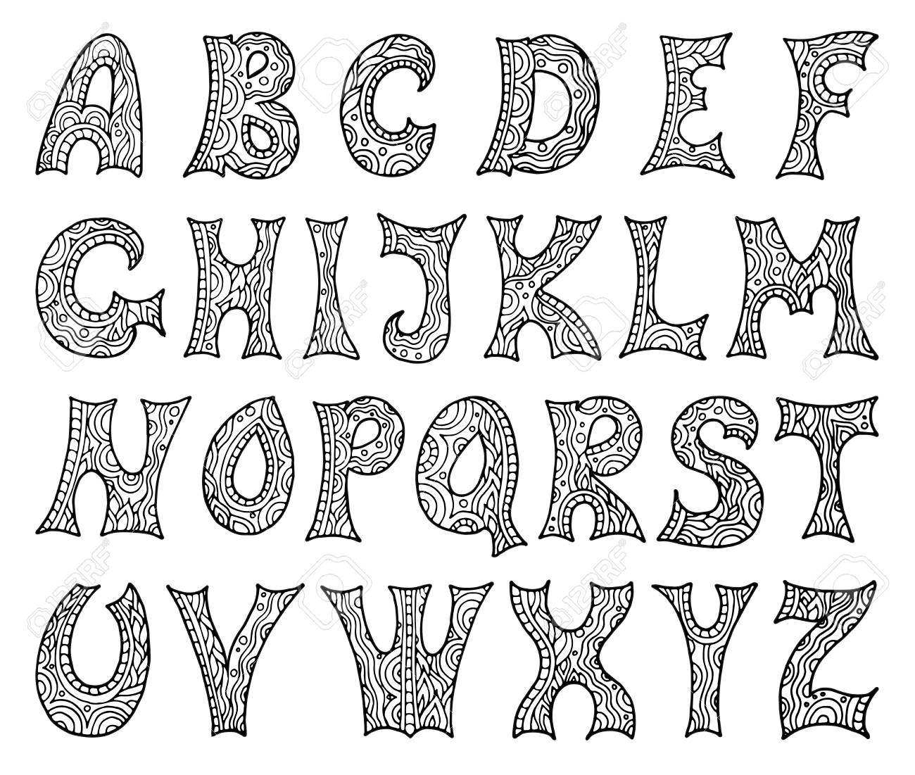 ファンタジーは 黒と白のスタイルで描かれたフォントを手します ベクトル文字に設定します コレクション装飾アルファベットのイラスト素材 ベクタ Image