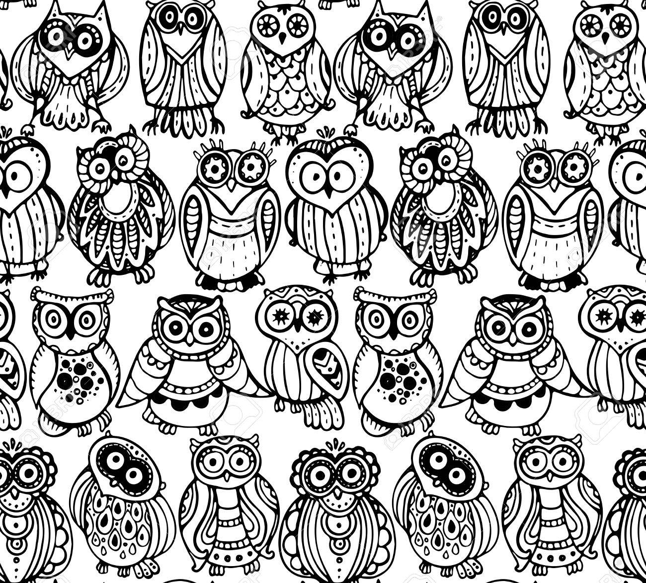 Modelo Inconsutil Del Vector Con Los Buhos Lindos Monocromas Mano De Diseno Grafico Dibujado Ilustraciones Vectoriales Clip Art Vectorizado Libre De Derechos Image