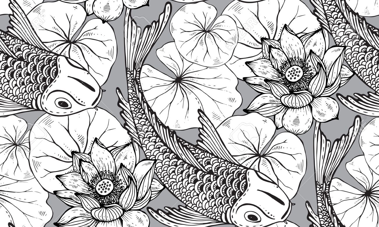 Seamless vector pattern with hand drawn Koi fish (Japanese carp), lotus leaves and flower. Symbol of love, friendship and prosperity. Black and white endless background - 53405814 Seamless vector pattern with hand drawn Koi fish (Japanese carp), lotus leaves and flower. Symbol of love, friendship and prosperity. Black and white endless background - 53405814