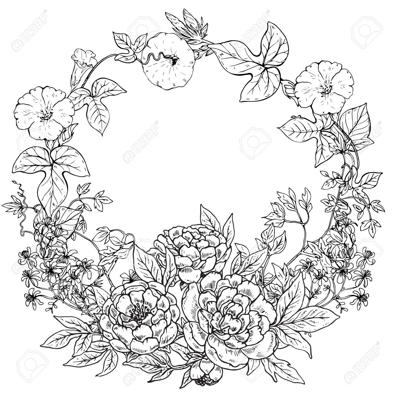 Vector Frame Avec Une Couronne Tiree Par La Main Des Fleurs De Pivoine Et De Plantes Sur Fond Blanc Cadre Noir Et Blanc Graphique Pour L Impression Livre A Colorier Carte D Invitation Clip