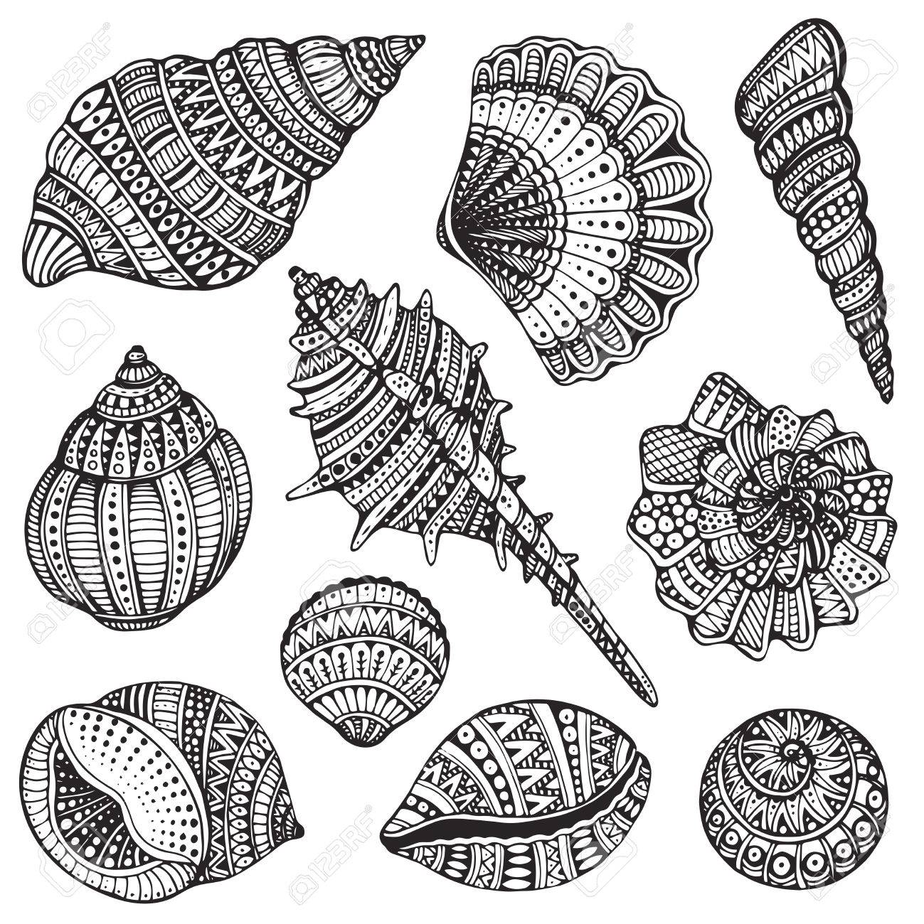 手描きベクトル華やかな貝殻のセットです 10 黒いイラスト塗り絵のための白い背景で隔離のシェルのタトゥー T シャツの印刷 袋 のイラスト素材 ベクタ Image 手描きベクトル華やかな貝殻のセットです 10 黒いイラスト塗り絵のための白い背景で隔離のシェルのタトゥー T シャツの印刷 袋 のイラスト素材 ベクタ Image