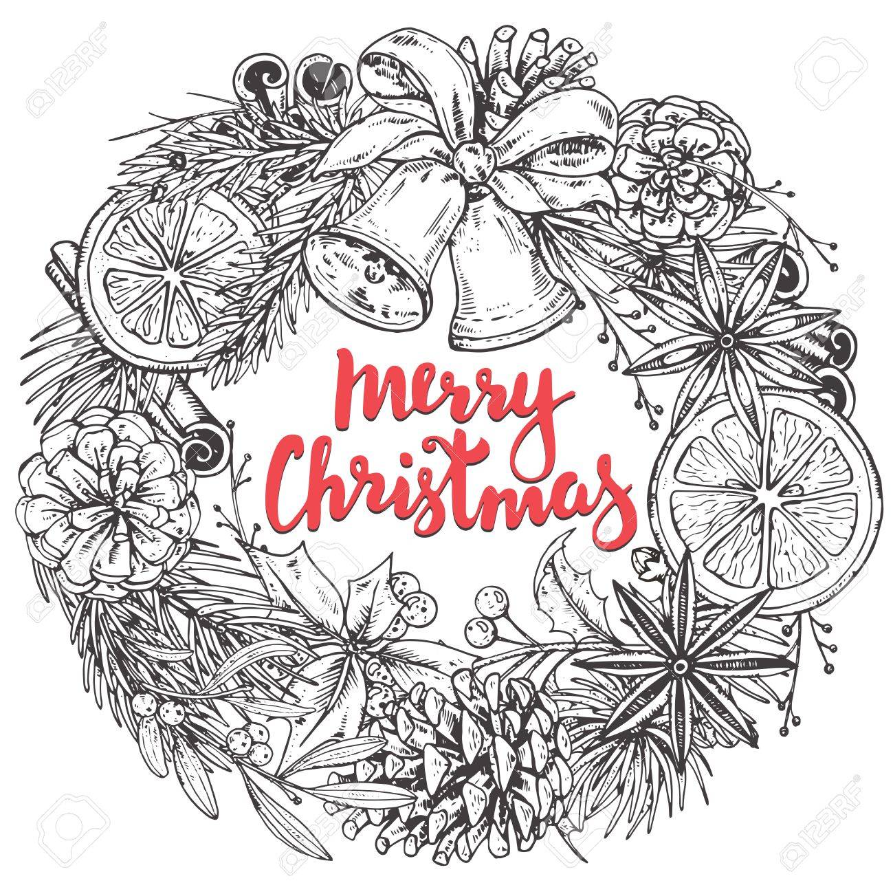 Merry Christmas And Happy New Year Greeting Card With Hand Drawn Winter Plants Spices Bells Black And White Vector Illustration With Handwritten Lettering Xmas Wreath Royalty Free Cliparts Vectors And Stock Illustration