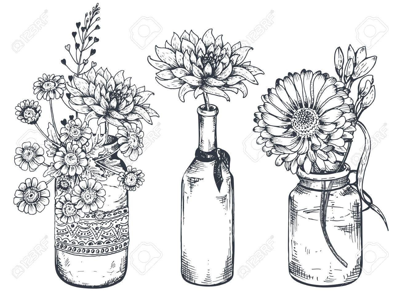 花の組成のセットです。花束は、描かれた花や花瓶や瓶に植物を手します