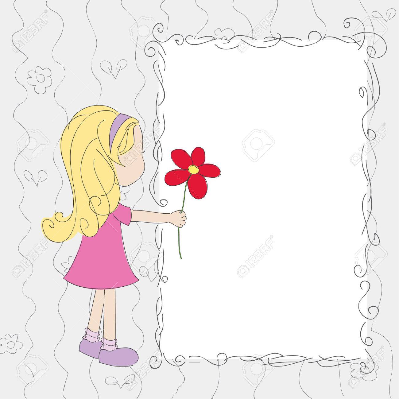手描きのイラスト 空白のカード上の花を持つ少女のイラスト素材 ベクタ Image