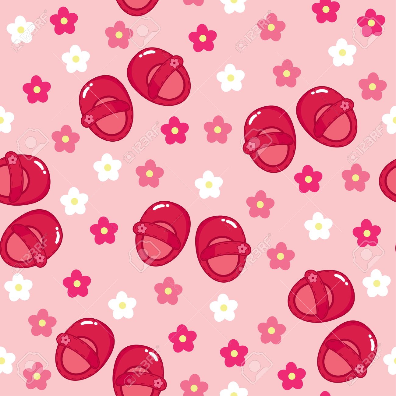 赤い少女の靴とのシームレスな花の壁紙 のイラスト素材 ベクタ Image 赤い少女の靴とのシームレスな花の壁紙 のイラスト素材 ベクタ Image