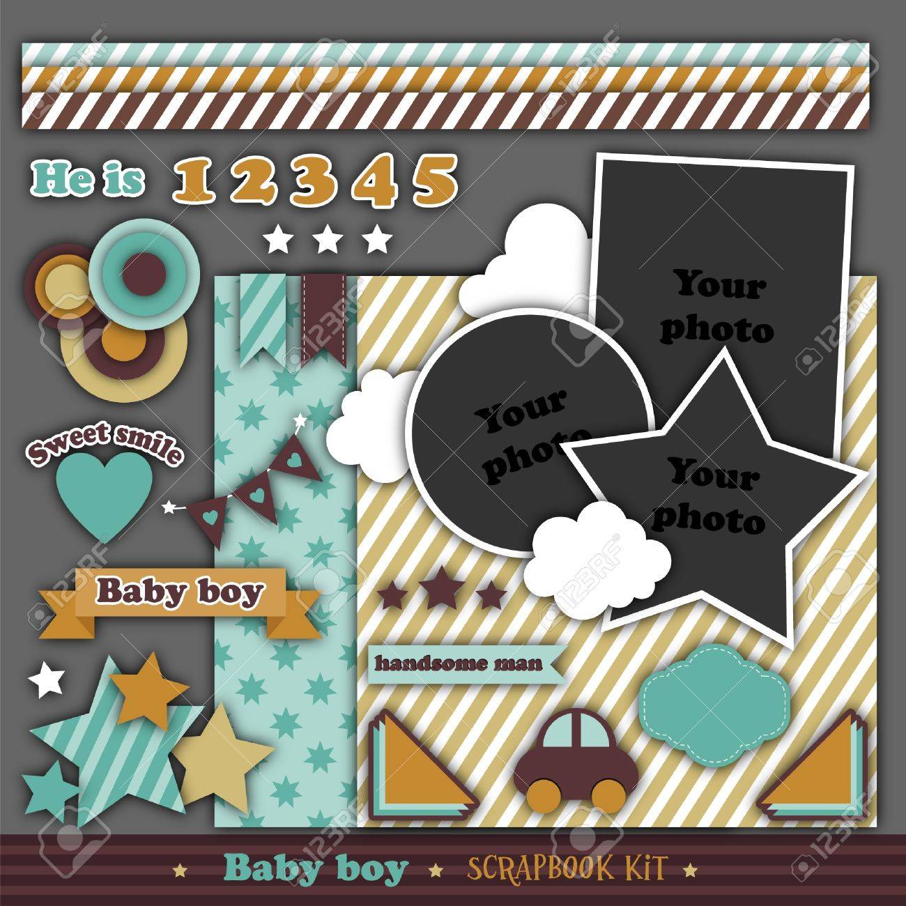 レトロなキット赤ちゃんの男の子のスクラップ ブックのイラスト素材 ベクタ Image