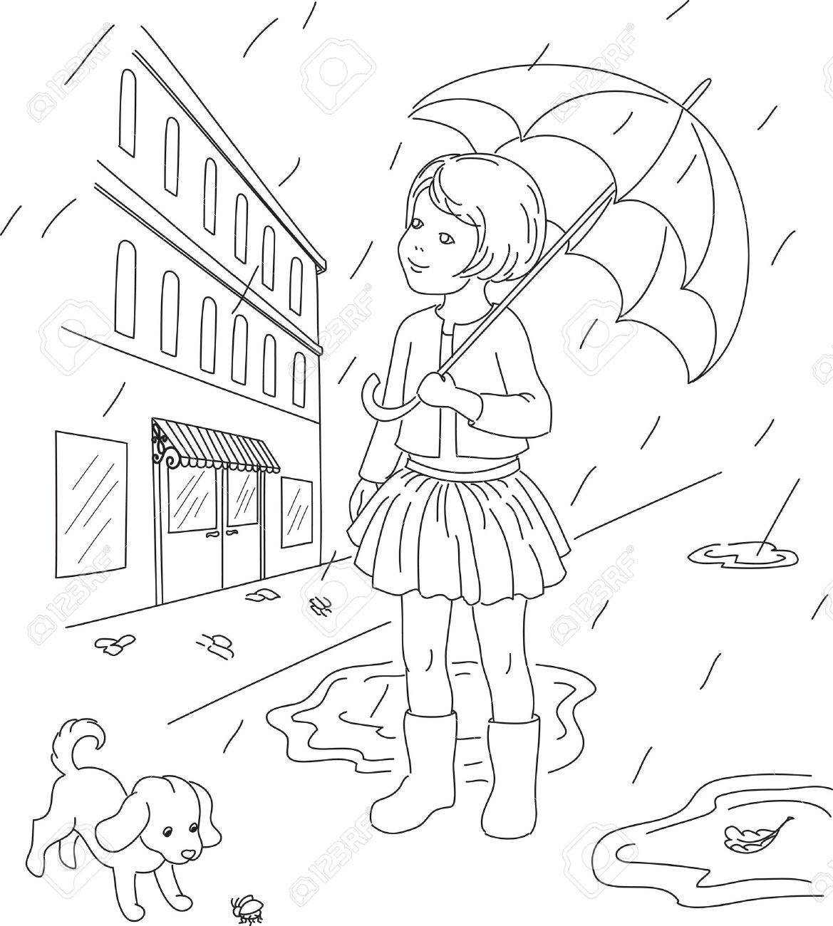 女の子彼女の犬と外の輪郭を描かれたイラスト 町で雨の日 のイラスト素材 ベクタ Image