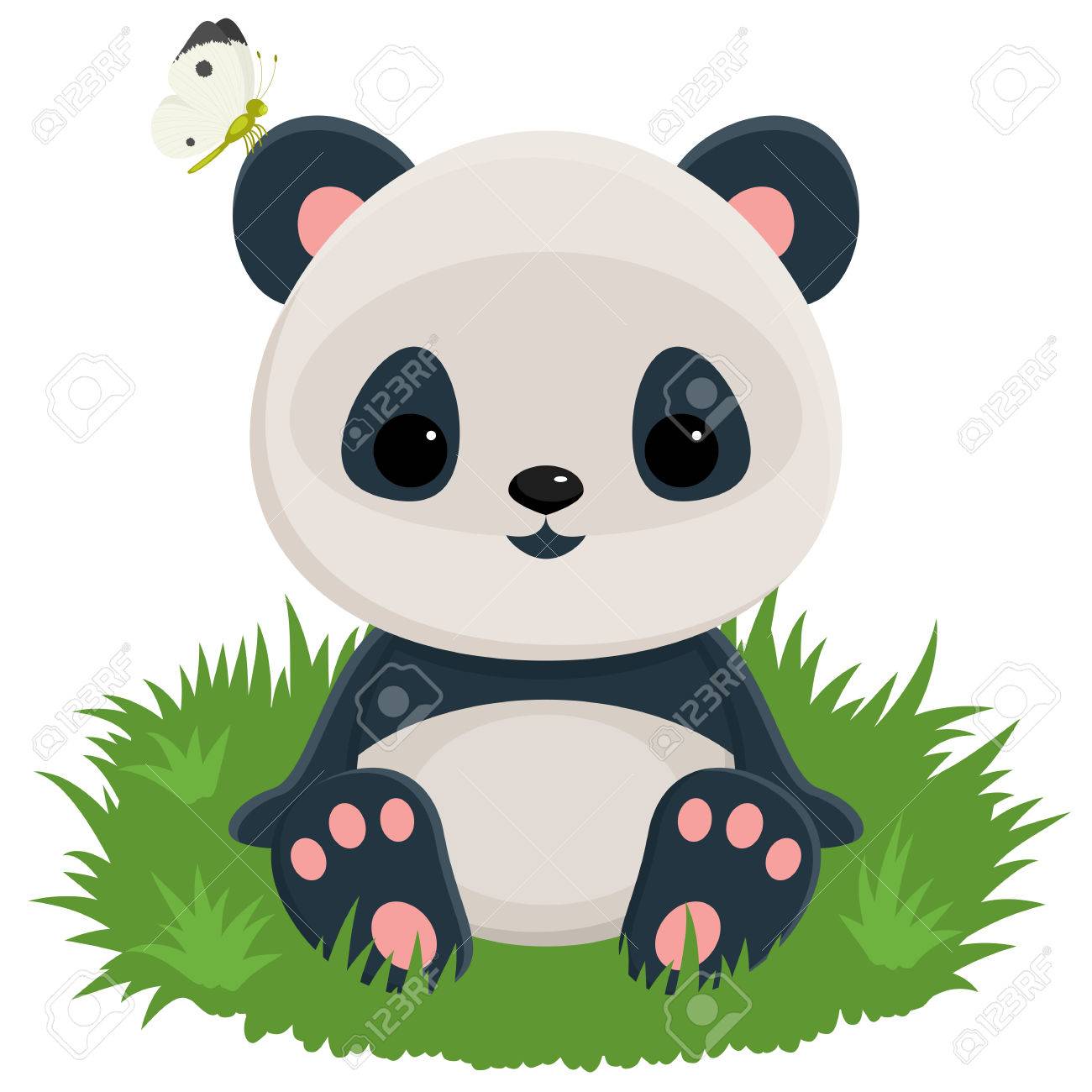 Baby Panda Sitting On A Grass With A Butterfly On The Ear Royalty Free Cliparts Vectors And Stock Illustration Image
