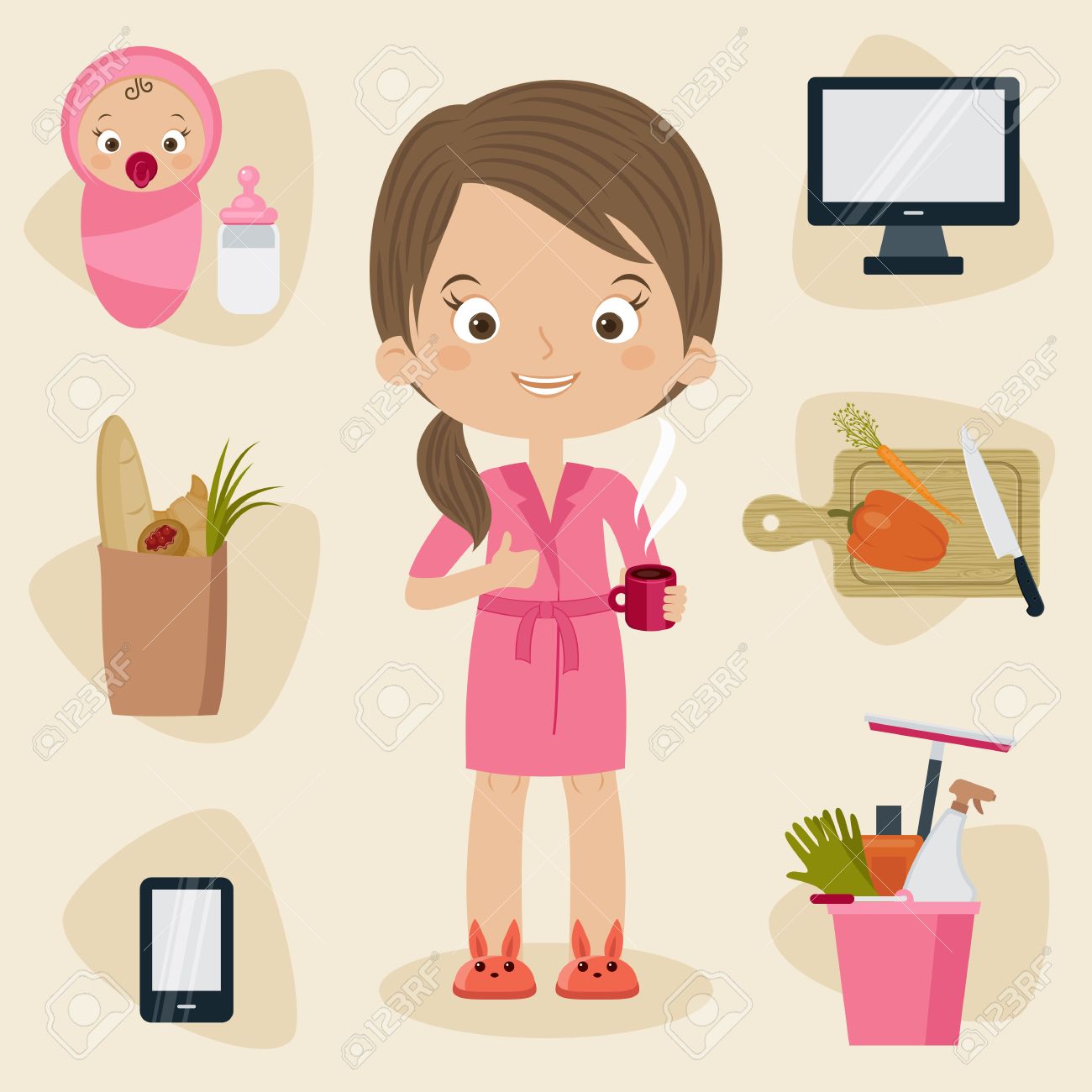 忙しいママのコンセプトです コーヒーと彼女の周りの日中やる事いっぱいでバスのスーツの女性 ベクトル漫画のイラスト のイラスト素材 ベクタ Image 忙しいママのコンセプトです コーヒーと彼女の周りの日中やる事いっぱいでバスのスーツの女性 ベクトル漫画のイラスト のイラスト素材 ベクタ Image