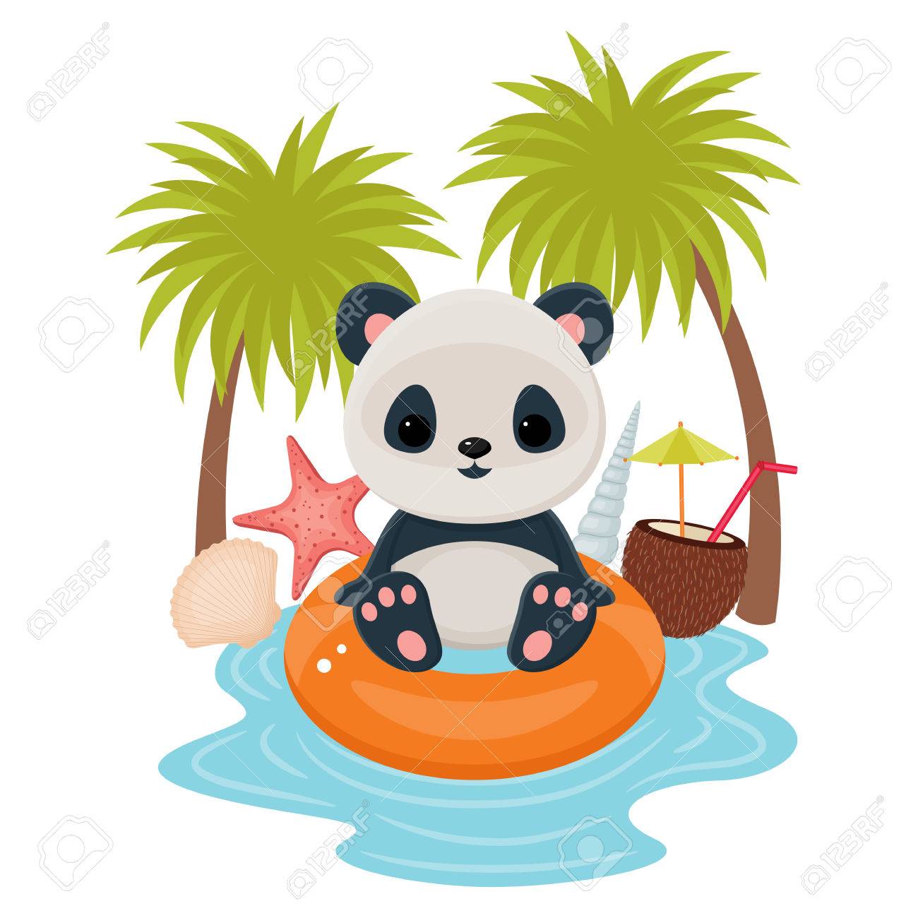 パンダの夏の休暇 貝殻や手のひらで救命浮輪のかわいいアジアのクマ のイラスト素材 ベクタ Image