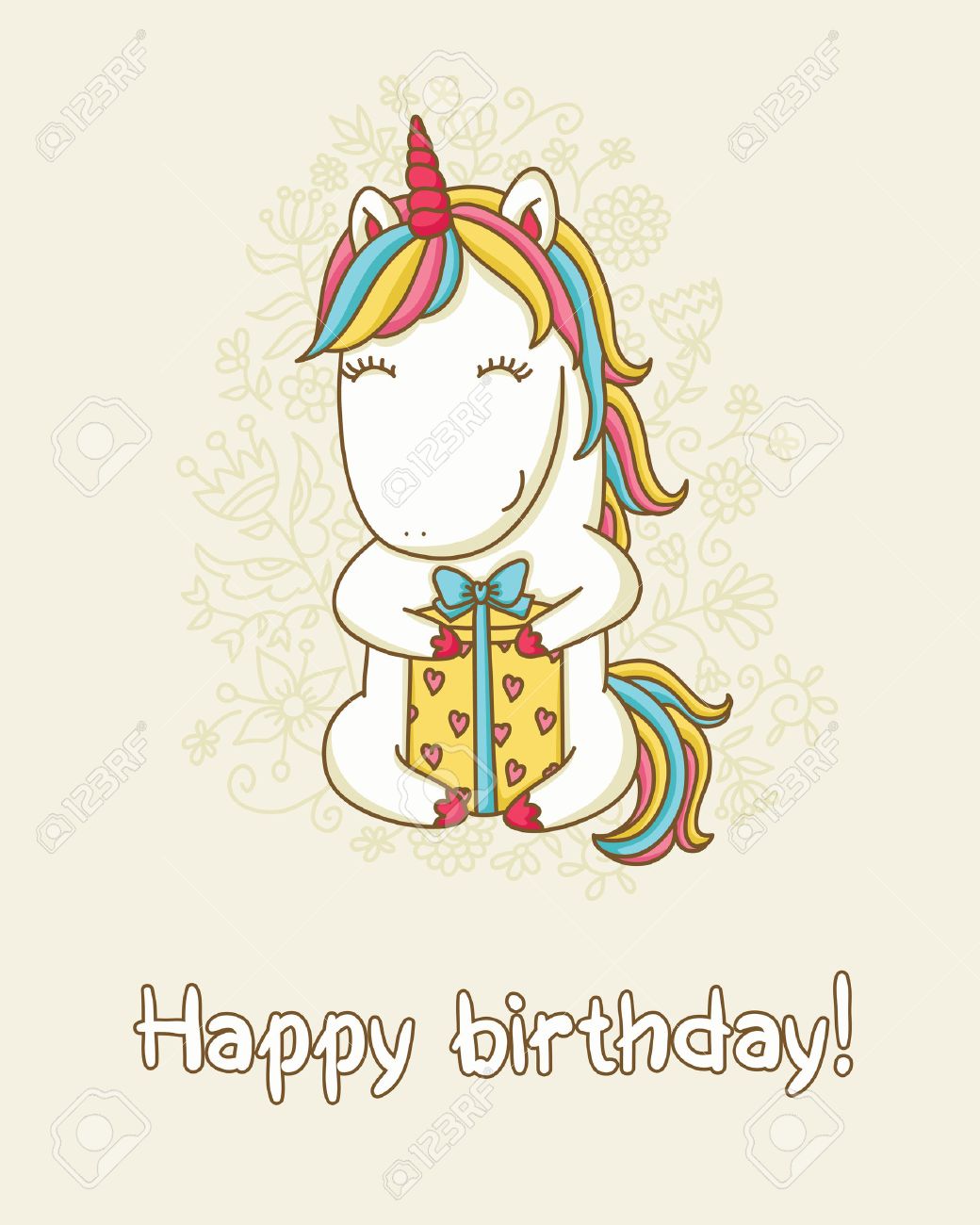 Birthday Card Happy Unicorn With A Gift Box Text Happy Birthday Vector Illustraion Royalty Free Cliparts Vectors And Stock Illustration Image