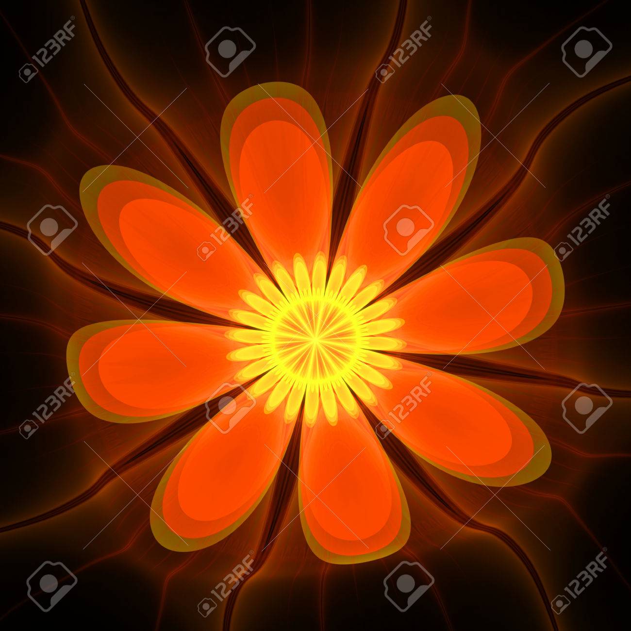Fleur Jaune Translucide Orange Fractale Belle Fleur à Huit Pétales Fractale Avec Des Pétales Translucides Orange Et Vert Et étamines Jaunes Sur Le