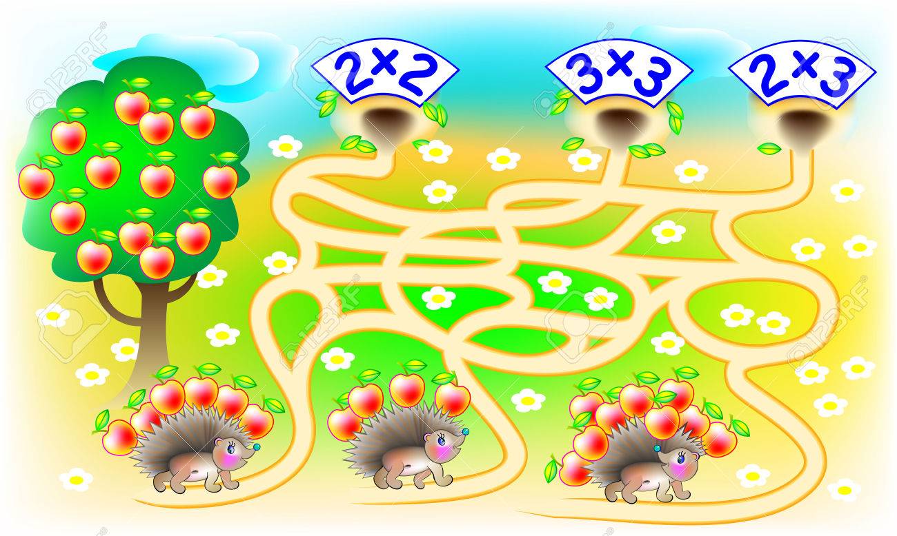 Exercises for children with multiplication - need to solve examples, find the home for each hedgehog and draw the lines on relevant track. Developing skills for counting. Vector image. - 64613286 Exercises for children with multiplication - need to solve examples, find the home for each hedgehog and draw the lines on relevant track. Developing skills for counting. Vector image. - 64613286