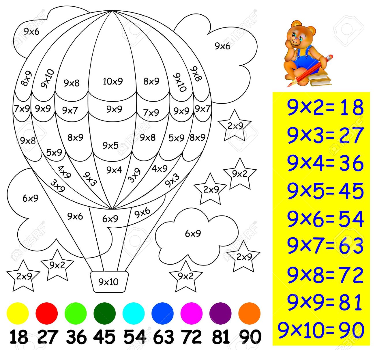 exercise for children with multiplication by nine need to paint nine multiplication