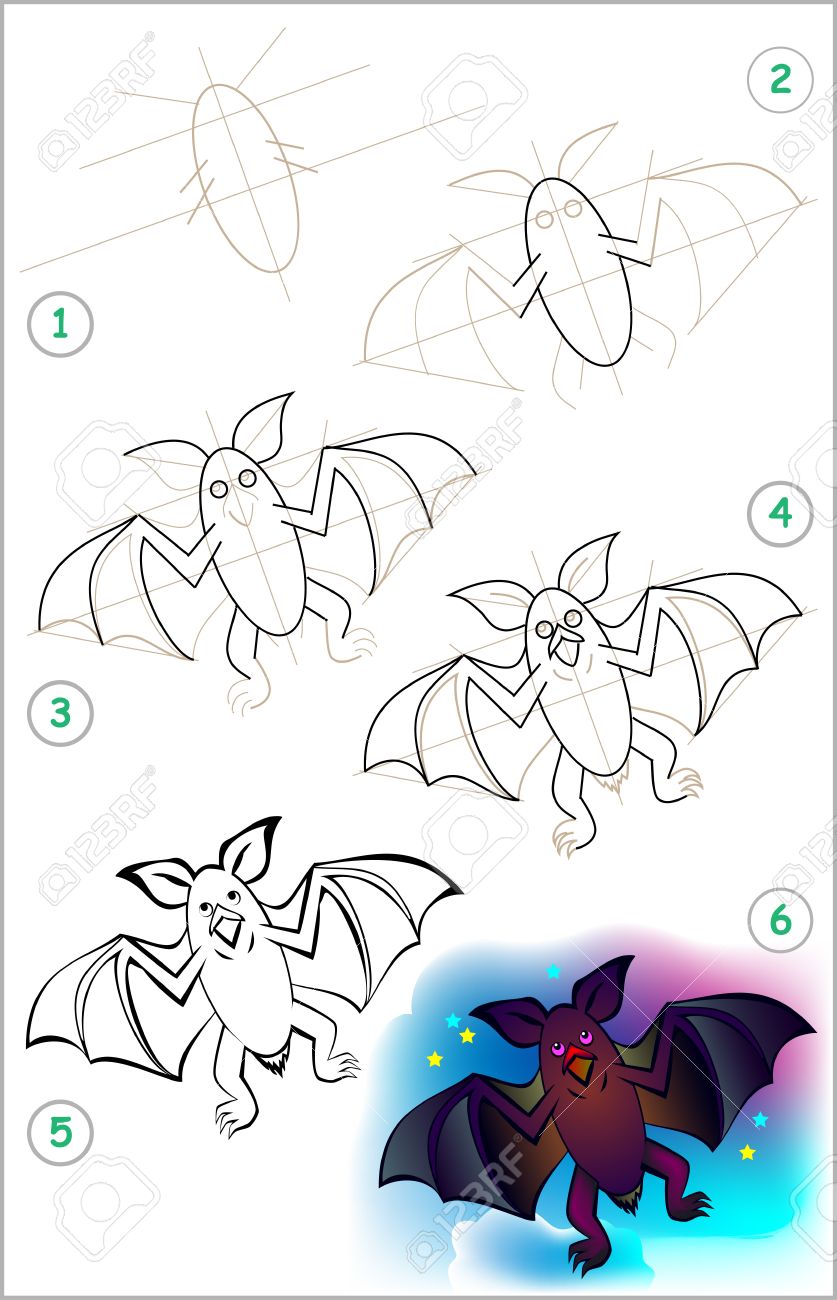 Page Montre Comment Apprendre Etape Par Etape Pour Dessiner Une Chauve Souris Developper Des Competences Pour Enfants Dessin Et De Coloriage Image Vectorielle Clip Art Libres De Droits Vecteurs Et Illustration Image