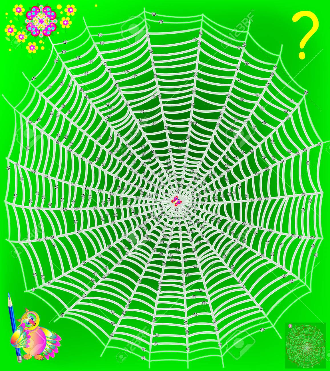 Logic puzzle game with labyrinth. Help the butterfly get out of the web. Need to draw the way till the flower. It is forbidden to cross the nodes. - 75324267 Logic puzzle game with labyrinth. Help the butterfly get out of the web. Need to draw the way till the flower. It is forbidden to cross the nodes. - 75324267