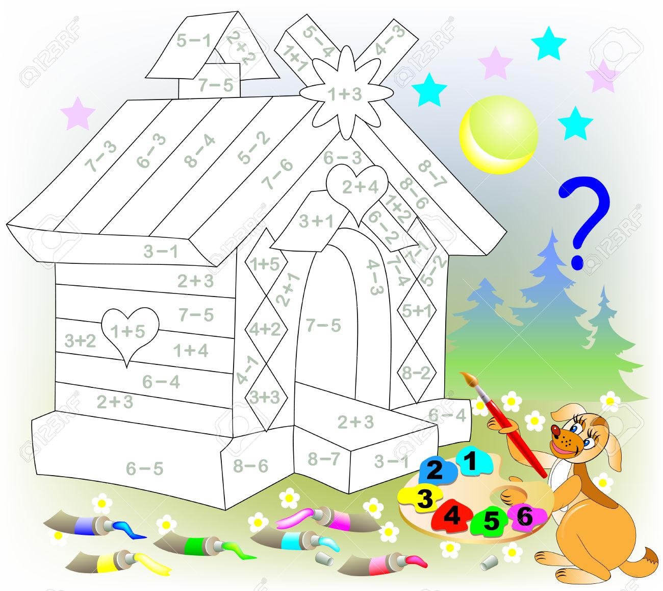 足し算と引き算の子供のための数学ワークシート 解決の例と関連する色でイメージを描画する必要があります カウントのためのスキルを開発します のイラスト素材 ベクタ Image 足し算と引き算の子供のための数学ワークシート 解決の例と関連する色でイメージを描画する必要があります カウントのためのスキルを開発します のイラスト素材 ベクタ Image