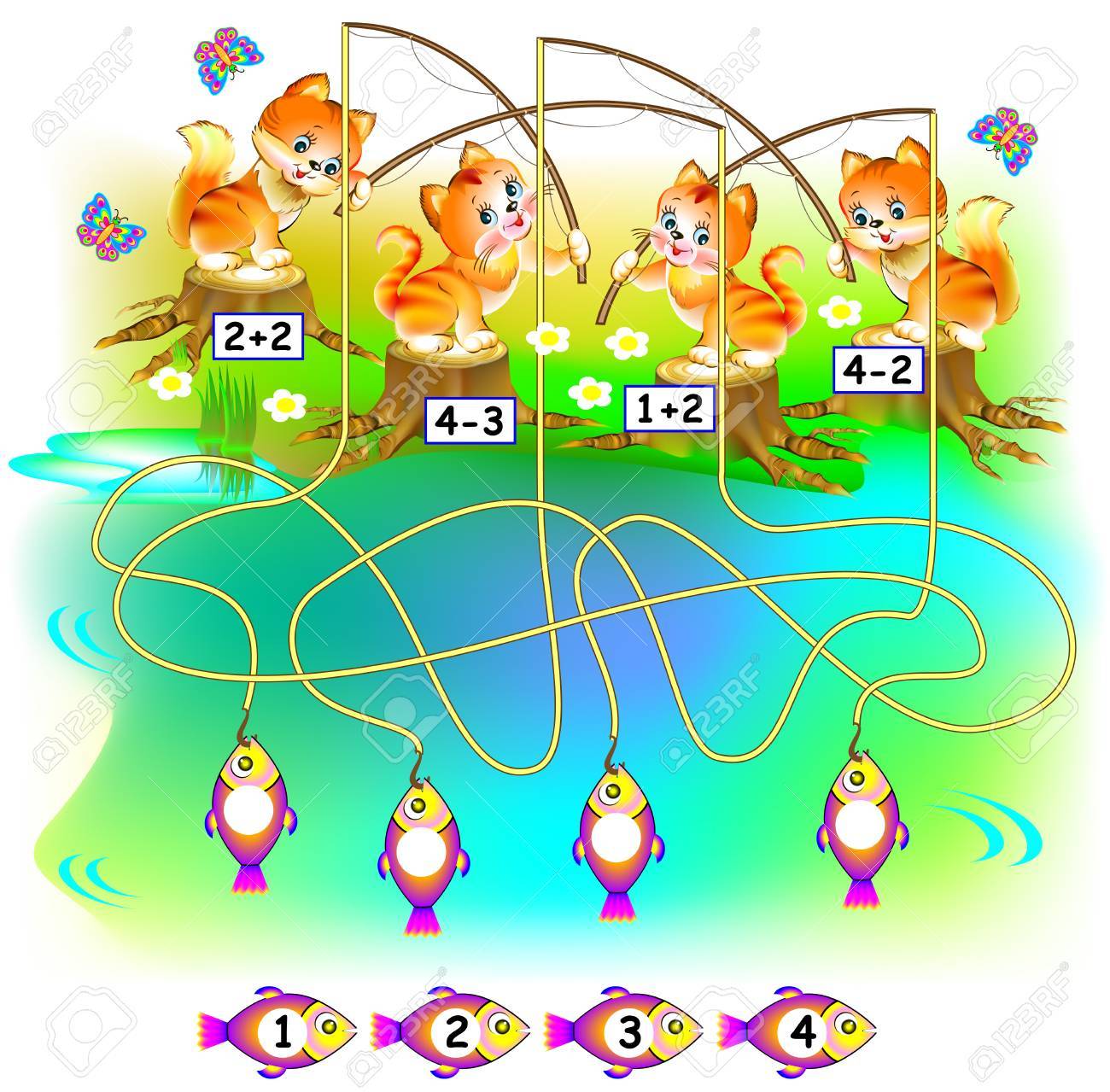 Exercises for children. Need to find the fish for each kitten and to write the numbers in the relevant circles. - 88274765 Exercises for children. Need to find the fish for each kitten and to write the numbers in the relevant circles. - 88274765