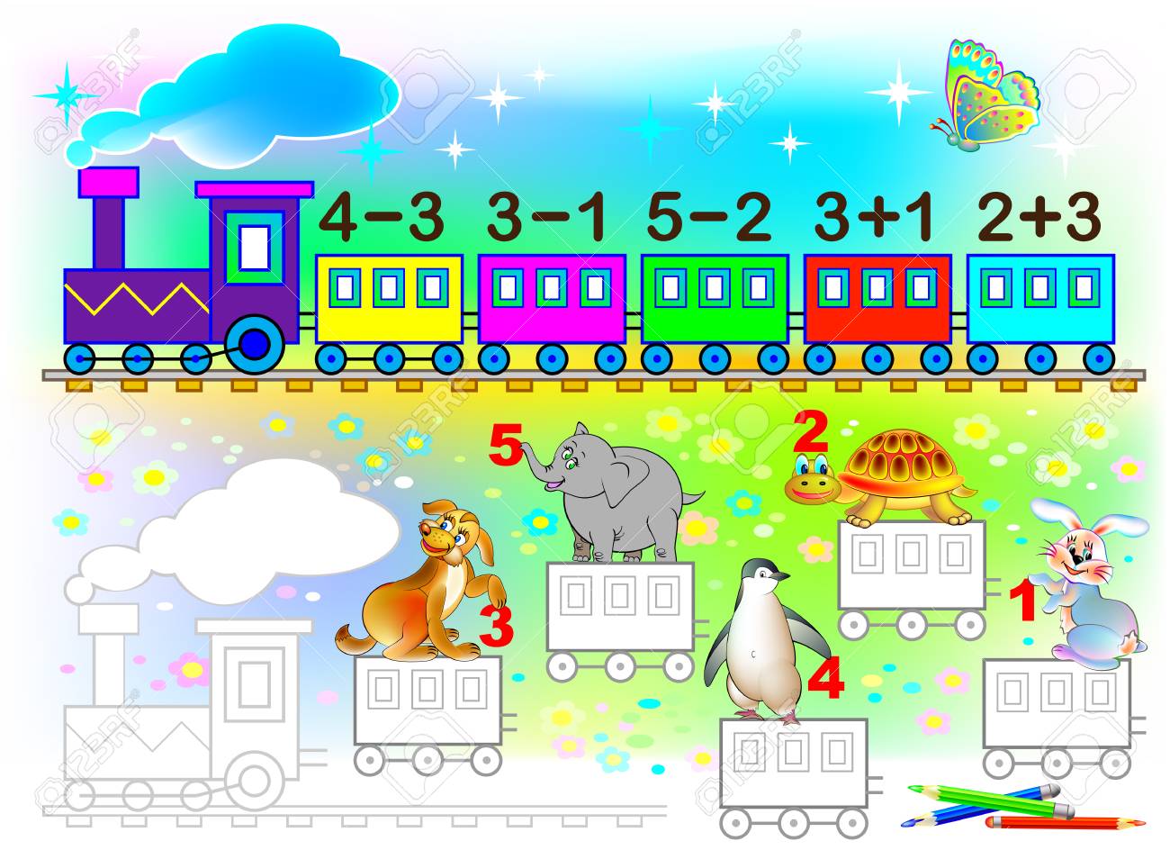 Mathematical worksheet for young children on addition and subtraction. Need to solve examples and paint the train. Wagons in relevant colors. - 88548226 Mathematical worksheet for young children on addition and subtraction. Need to solve examples and paint the train. Wagons in relevant colors. - 88548226
