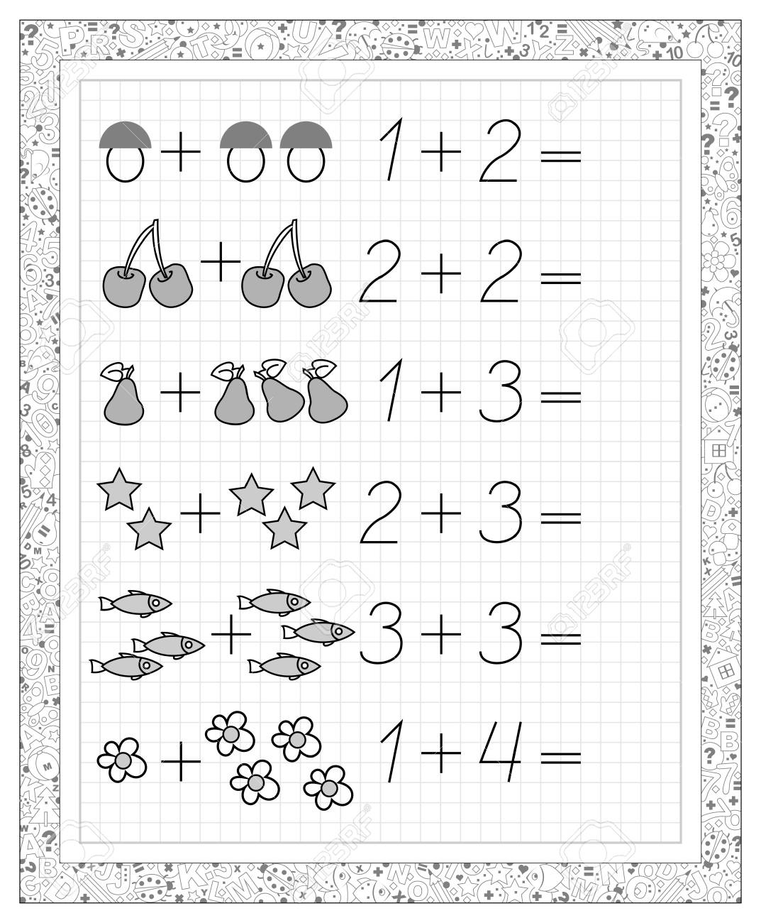 black and white worksheet on a square paper with exercises for little children page with the tasks on addition vector image royalty free cliparts vectors and stock illustration image 94129883