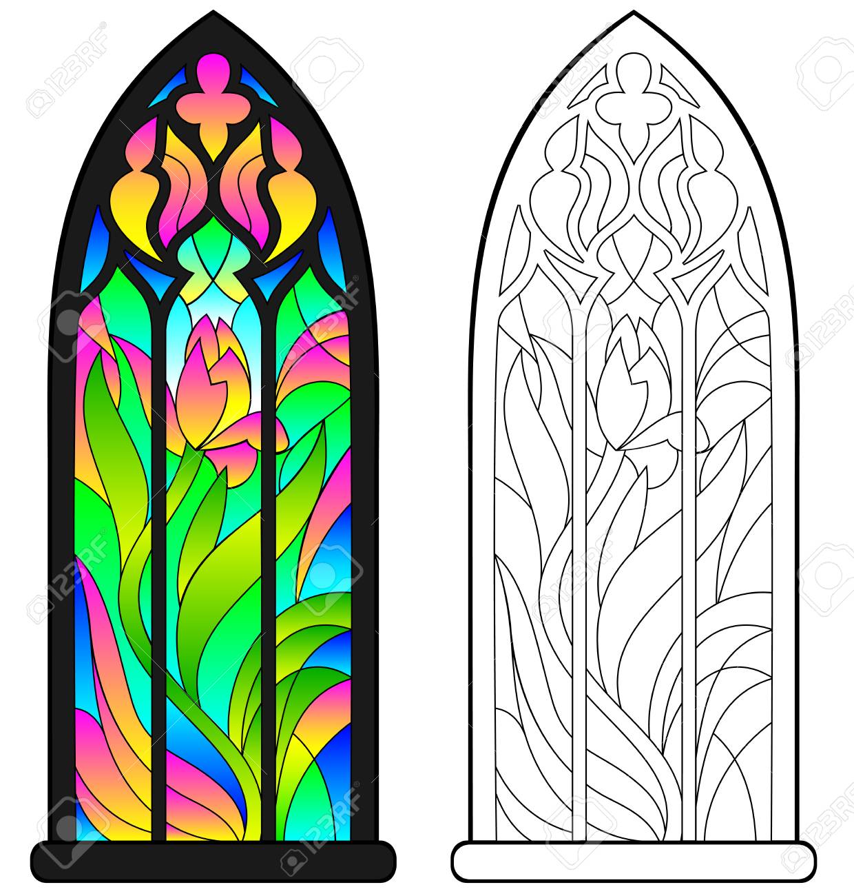 Colorful And Black And White Pattern Of Gothic Stained Glass Intended For Stained Glass Windows Worksheet