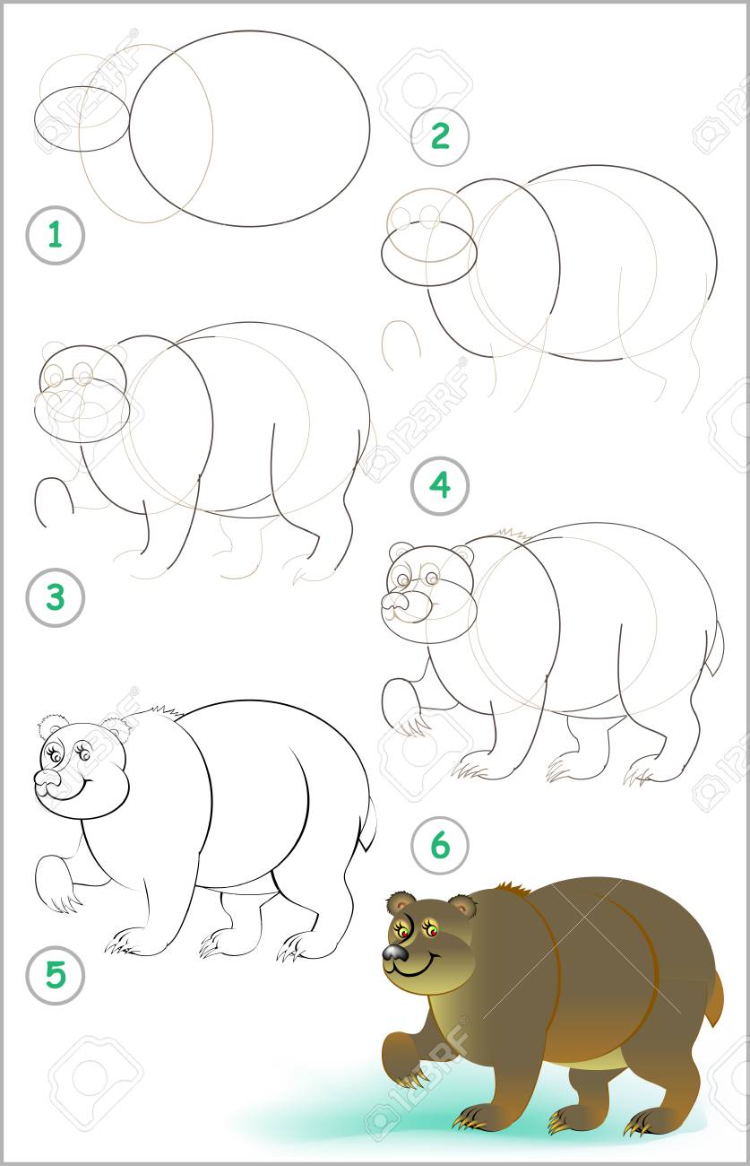 Seite Zeigt, Wie Man Schritt Für Schritt Lernt, Wie Man Einen Süßen Bären  Zeichnet. Entwicklung Der Fähigkeiten Von Kindern Zum Zeichnen Und Malen.  Vektor-Bild. Lizenzfrei Nutzbare Vektorgrafiken, Clip Arts, Illustrationen.  Image 96893257.