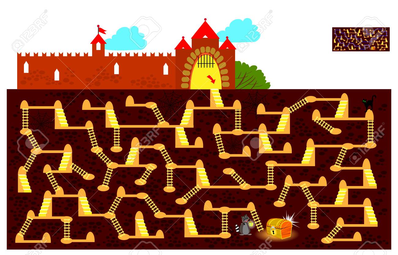 Logic puzzle game with labyrinth for children and adults. Find the way underground to the hidden treasure chest and draw the line. Vector cartoon image. - 112853773 Logic puzzle game with labyrinth for children and adults. Find the way underground to the hidden treasure chest and draw the line. Vector cartoon image. - 112853773