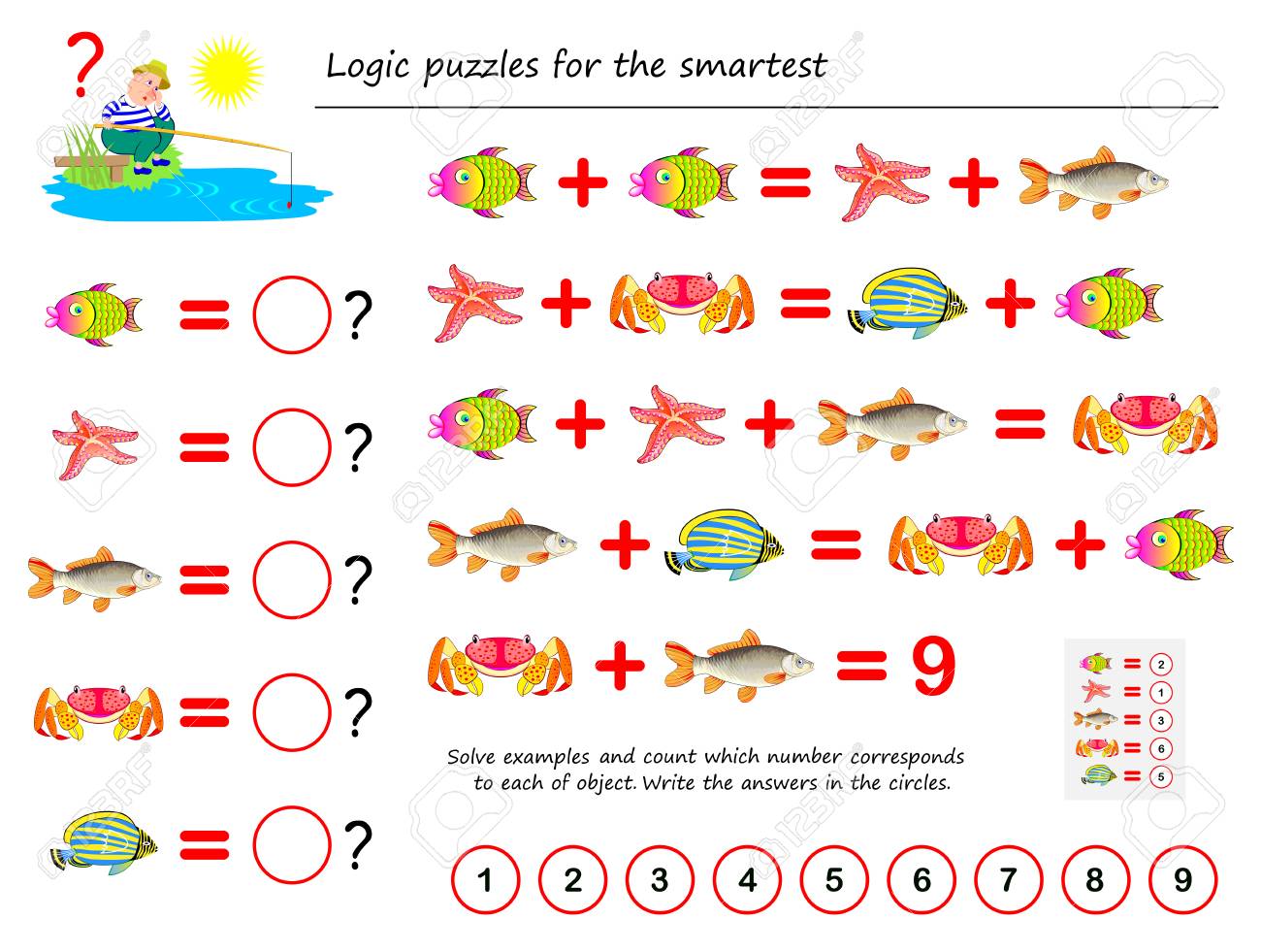 Mathematical Logic Puzzle Game For Smartest. Solve Examples And Count The Value Of Each Fish. Write The Numbers In Circles. Printable Page For Brainteaser Book. Developing Spatial Thinking. Royalty Free Cliparts, Vectors,