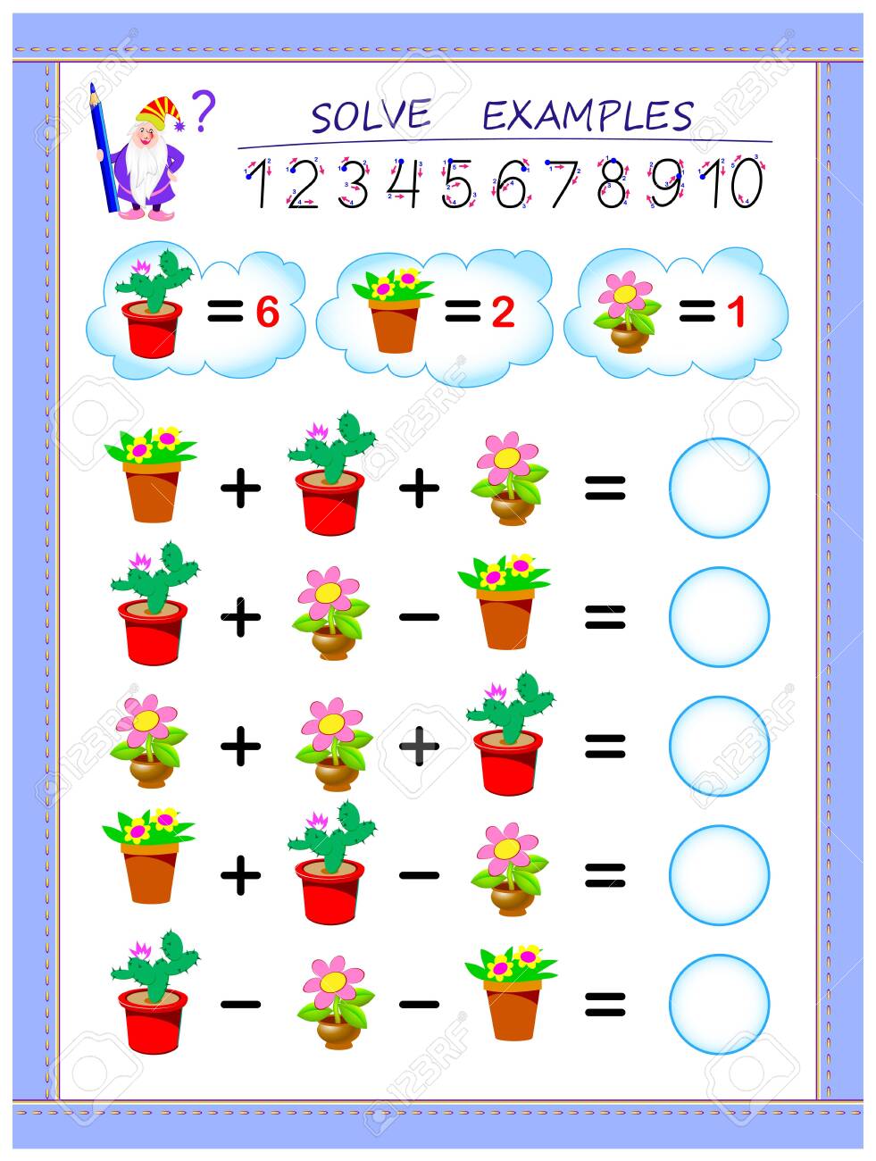 Educational page for children on addition and subtraction. Solve examples and write numbers in circles. Printable worksheet for kids textbook. Back to school. Vector cartoon image. - 128272426 Educational page for children on addition and subtraction. Solve examples and write numbers in circles. Printable worksheet for kids textbook. Back to school. Vector cartoon image. - 128272426