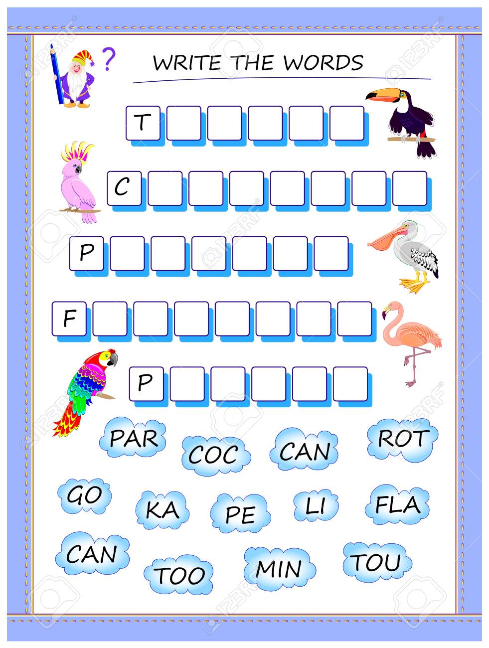 英語を勉強するためのロジックパズルゲーム 雲から言葉を収集し 文字のための正しい場所を見つけ 鳥の名前を書きます 子供用の教科書用の印刷可能なワークシート 学校に戻る のイラスト素材 ベクタ Image