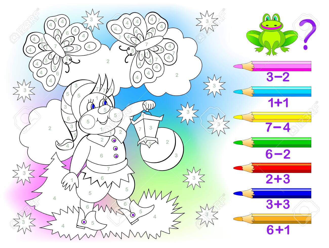 Educational page with exercises for children on addition and subtraction. Solve examples and paint the gnome in relevant colors. Developing skills for counting. Printable worksheet for kids textbook. - 128272852 Educational page with exercises for children on addition and subtraction. Solve examples and paint the gnome in relevant colors. Developing skills for counting. Printable worksheet for kids textbook. - 128272852