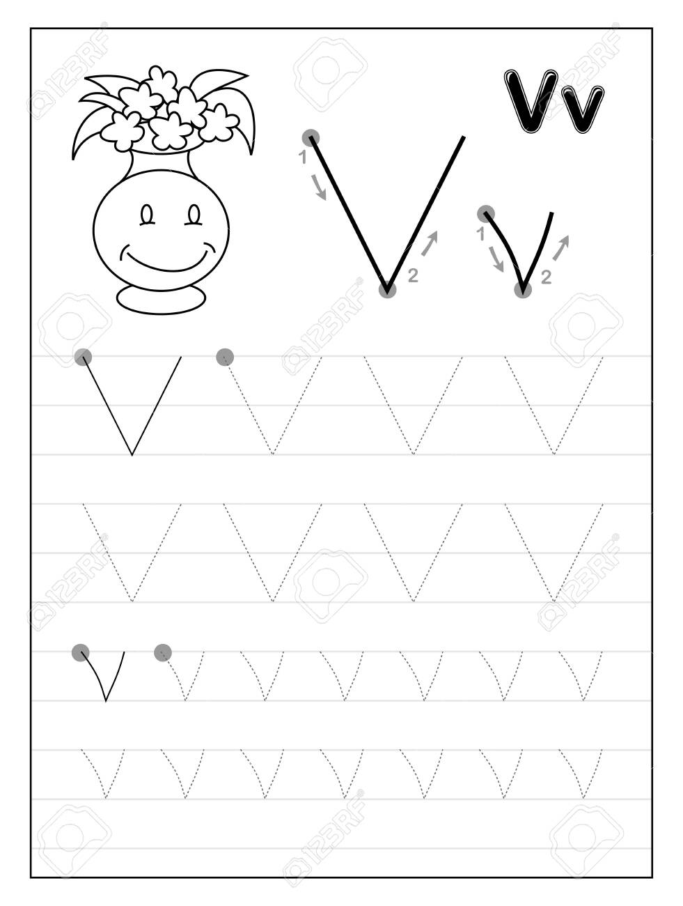 tracing alphabet letter v black and white educational pages on line for kids printable worksheet for children textbook developing skills of writing vector for baby book back to school royalty free svg