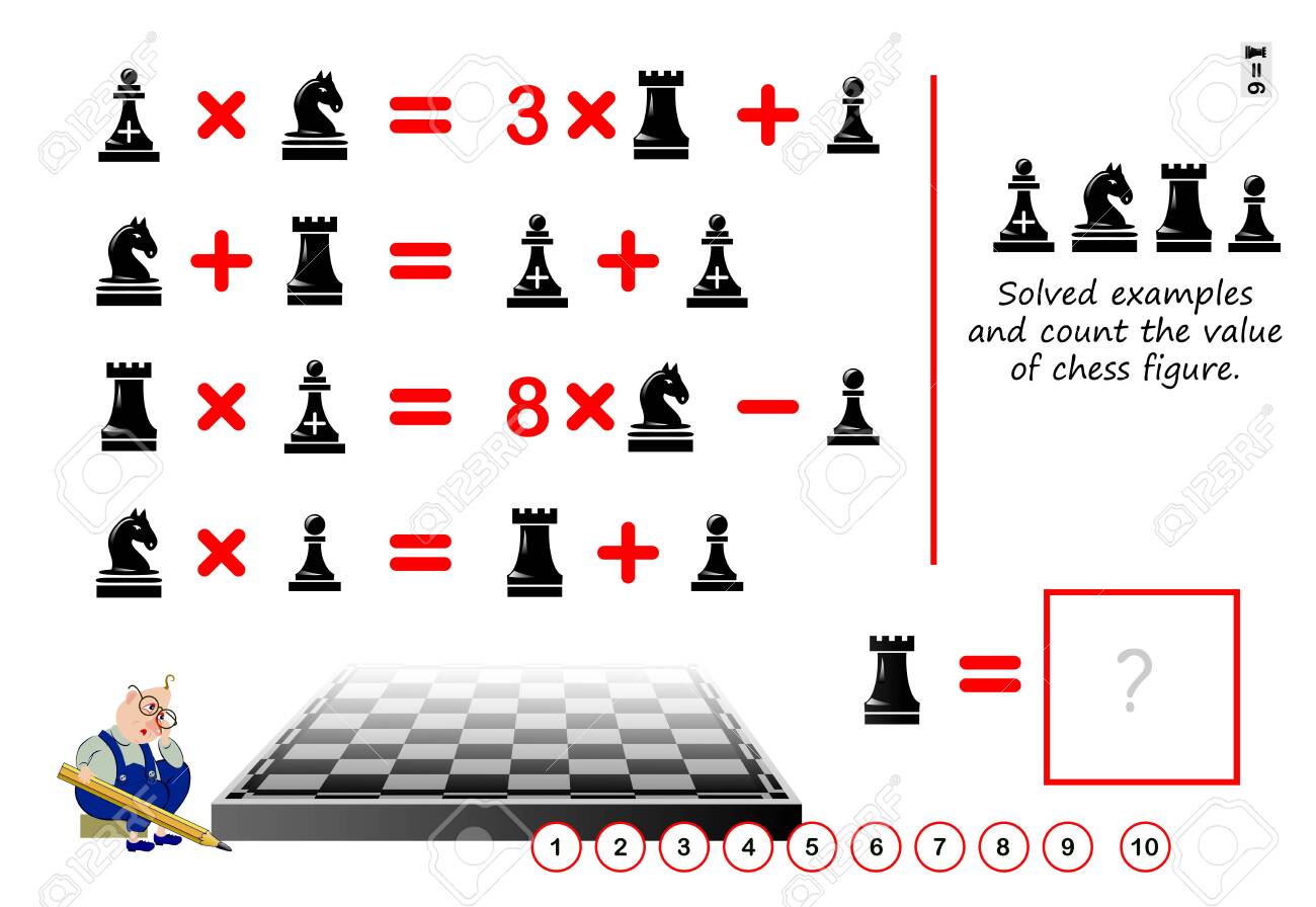 Logical Puzzle Game For Children And Adults. Can You Solve Examples? Count The Value Of Chess Figure. Printable Page For Kids Brain Teaser Book. Developing Mathematical Skills. IQ Math Test. Royalty Free