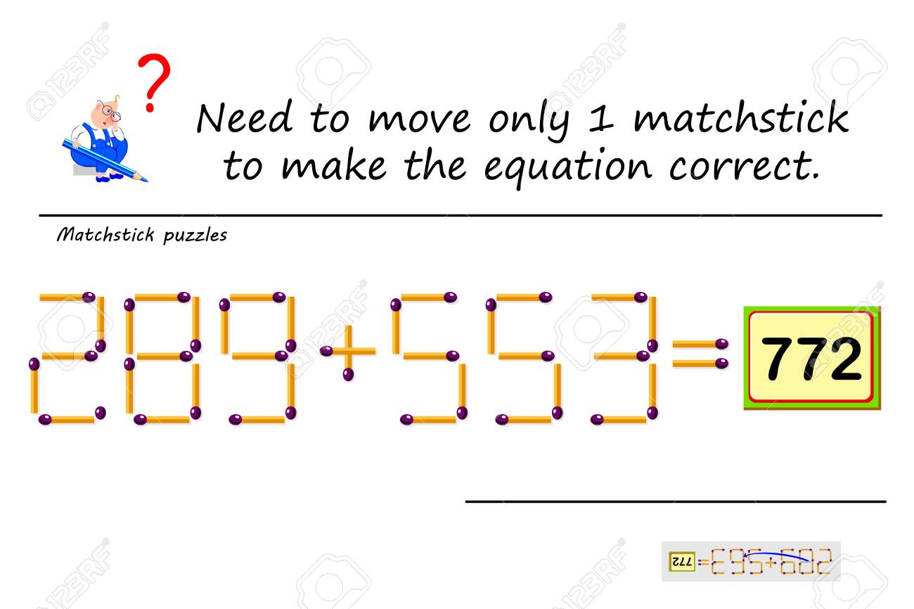 logic puzzle game with matches need to move only 1 matchstick to make equation correct solve mathematical example printable page for math brain teaser book developing counting skills iq test royalty free