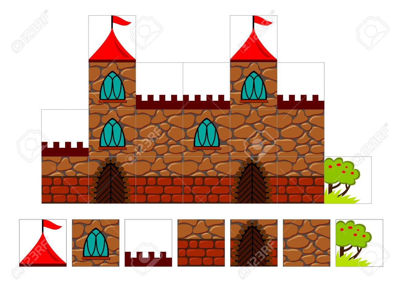 set-of-2d-tileset-for-creating-video-game-with-medieval-castle-printable-template-for-kids-hardworking-tiles-with-parts-of-stone-building-flat-vector-cartoon-image-for-puzzle-background-royalty-free-svg for Free Printable Medieval Castle Template Set Of 2d Tileset For Creating Video Game With Medieval Castle. Printable Template For Kids Hardworking. Tiles With Parts Of Stone Building. Flat Vector Cartoon Image For Puzzle Background. Royalty Free SVG, for Free Printable Medieval Castle Template