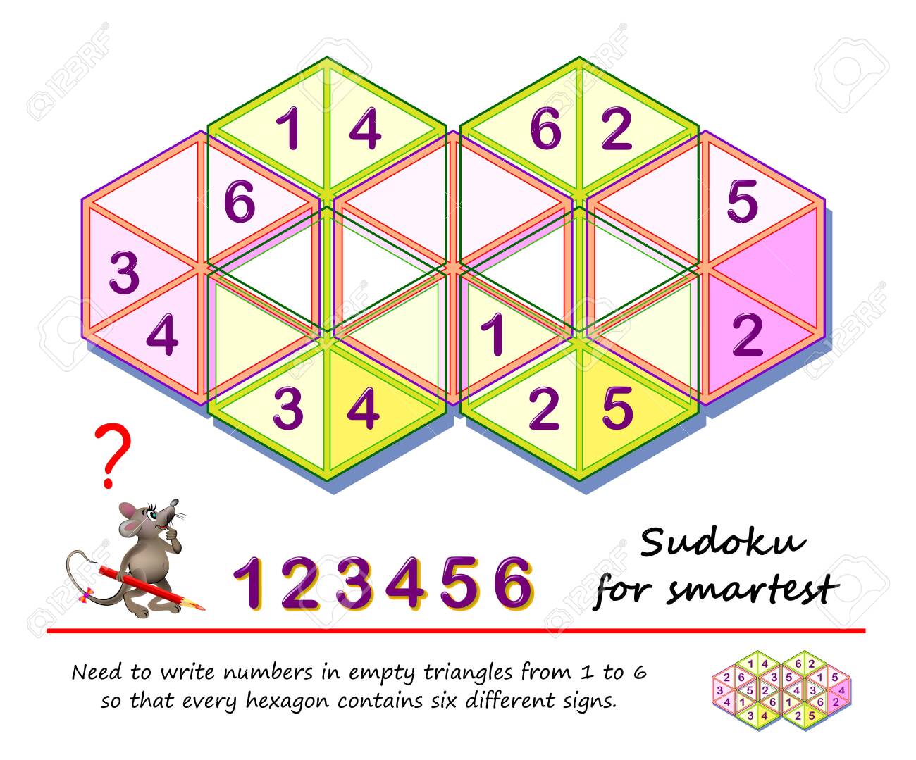 Logic puzzle game for the smartest. Need to write numbers in empty triangles from 1 to 6 so that every hexagon contains six different signs. Printable page for children brain teaser book. IQ test. - 136364774 Logic puzzle game for the smartest. Need to write numbers in empty triangles from 1 to 6 so that every hexagon contains six different signs. Printable page for children brain teaser book. IQ test. - 136364774